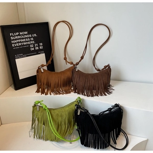 Women Faux Suede Crescent Shoulder Bag Bohemian Retro Tassel Decor Crossbody Hobo Bag With Knot Strap Zipper Closure