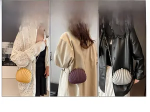 Detailed views of stylish shell-shaped acrylic bags in gold, purple and silver finish