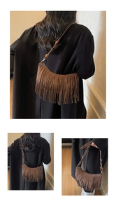 Detailed views of brown suede moon bag with fringe tassels and knot strap detail