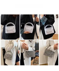 Detail showing acrylic beaded bags in clear and silver finishes with chain straps