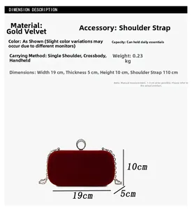 Detail showing dimensions of red velvet evening bag with gold chain and rhinestone ring clasp