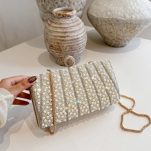 Women Evening Clutch Bag Faux Artificial Pearl Rhinestone Formal Party Wedding Elegant Fashion Box Shape With Metal Chain Strap