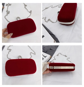 Detailed views of burgundy velvet evening clutch bag with crystal ring clasp and chain strap