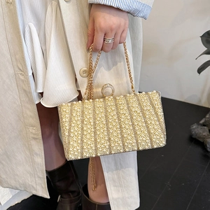 Elegant pearl and rhinestone evening clutch bag with gold chain strap for women