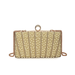 Elegant pearl clutch bag with sparkling rhinestone patterns and a luxury ring clasp
