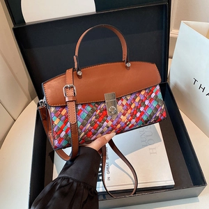 Sac À Main Femme En Cuir PU Mode Patchwork Tissé Sac À Bandoulière Vintage Sac Cabas Avec Fermoir Métallique Grande Capacité