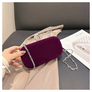 Detail of deep purple velvet evening bag with silver chain and rhinestone buckle