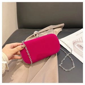 Detail of fuchsia velvet evening bag with sparkling rhinestone ring clasp and silver chain