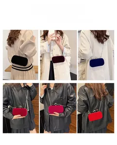 Detailed grid view of six velvet clutch bags with crystal rings and chain straps