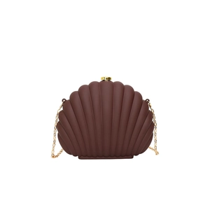 Brown shell-shaped acrylic evening clutch with gold metal clasp and chain strap