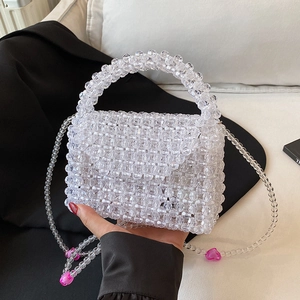Handmade Acrylic Beaded Handbag Women Transparent Mini Square Crossbody Bag Heart Decor Strap Woven Summer Purse