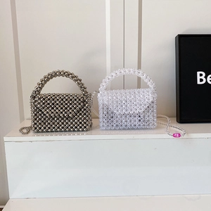 Modern acrylic woven crossbody bag in silver and clear crystal beads with chain strap