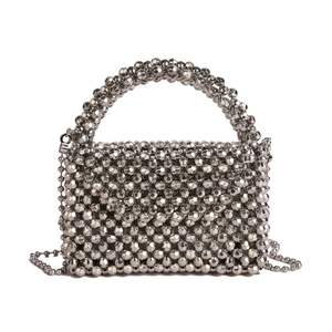 Silver woven beaded acrylic handbag with top handle and metallic crossbody ball chain