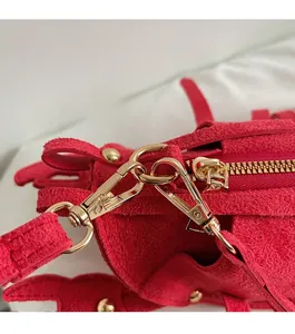 Macro view of red suede texture and high-gloss golden hardware on the lobster-shaped bag