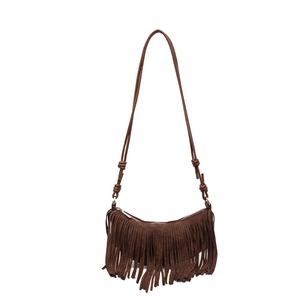 Vintage brown suede half-moon shoulder bag with long tassel fringe and zip closure