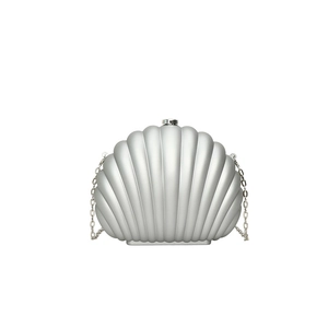 Elegant shell-shaped evening clutch bag with matte silver finish and fine chain strap