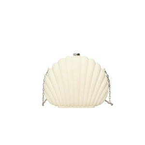 Detail view of acrylic shell clutch bag featuring vertical texture and silver metal clasp