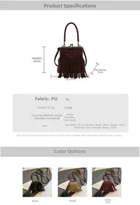 Detailed view of retro PU leather crossbody bag with rivet accents and long fringes