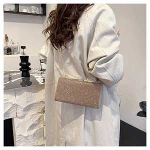 Detail of champagne gold sequined evening clutch bag with fine metal chain strap