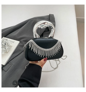 Detail of black acrylic evening bag with silver rhinestone fringe and metallic ring handle