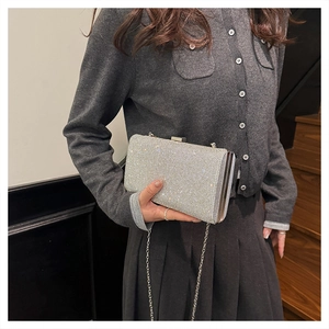 Detail of silver rhinestone evening clutch bag with chain strap held by a model
