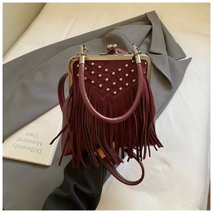Detail view of burgundy suede handbag featuring silver studs, fringe and metal clasp