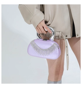 Detail of light purple acrylic bag with silver metal handle and rhinestone tassels