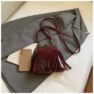 Close-up of vintage burgundy crossbody bag with fringe tassels and metal rivet details