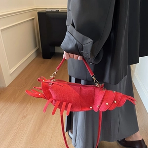 Creative red lobster shaped crossbody bag with matte texture and gold rivet hardware