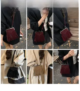 Outdoor street style model shots featuring tassel crossbody bags with rivet decorations