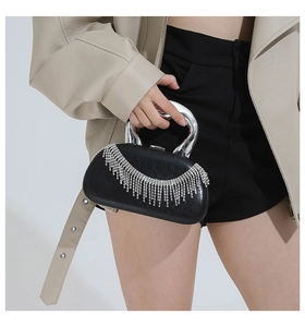 Detail view of black acrylic clutch with crystal fringe and sculptural silver handle