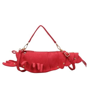 Creative red lobster-shaped shoulder bag in soft suede fabric with gold metal hardware