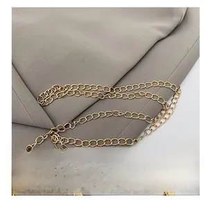 Detail of high-quality polished gold metal chain links on a vintage crossbody bag