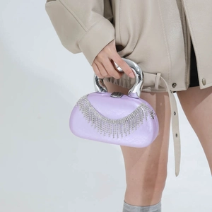 Chic purple acrylic evening clutch with silver rhinestone fringe and metal top handle
