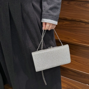 Elegant silver rhinestone rectangular clutch bag with metal chain for formal evening wear