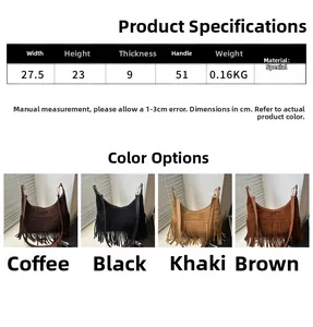Detailed size chart for bohemian tassel tote bag showing dimensions and colors