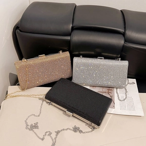 Sparkling rhinestone box evening clutch bag in gold, silver, and black with chain strap