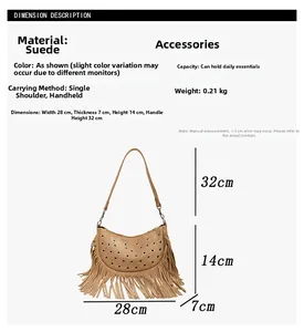 Spécifications de taille d'un sac besace en daim avec franges et œillets métalliques