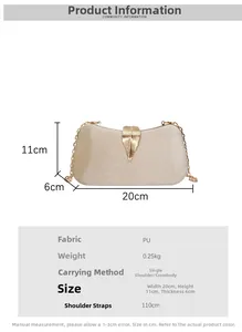 Detailed specs of champagne gold evening bag with metal leaf clasp and chain strap