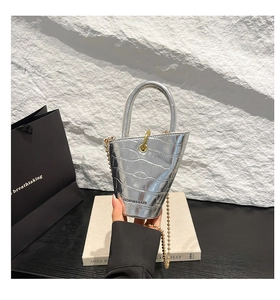 Detail of silver crocodile pattern mini bucket bag with elegant golden bead chain strap