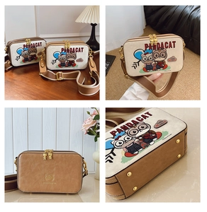 Detail shots of a cartoon crossbody bag with gold zippers and reinforced bottom studs