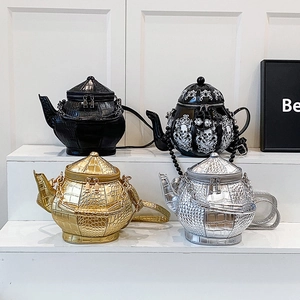 Gothic 3D teapot crossbody bag set in gold silver and black crocodile pattern