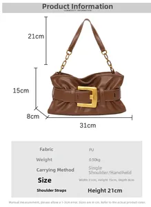 Brown ruched cloud bag details showing dimensions 31x15x8cm and chain strap features