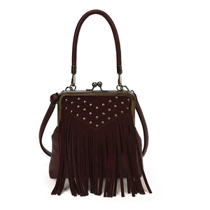 Vintage burgundy rivet handbag with fringe detail and metal clasp closure