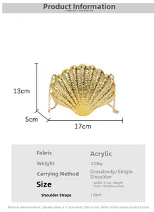 Detailed size specifications for the gold shell acrylic evening bag with chain strap