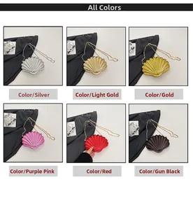 Collage of shell shaped evening bags in silver, gold, pink and black with chain strap