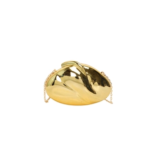 Elegant gold pebble-shaped metal evening clutch bag with fine chain strap for women