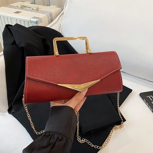 Women Fashion PU Leather Crossbody Bag Lychee Pattern Gold Metal Handle Chain Strap V-Shape Buckle Retro Envelope Handbag