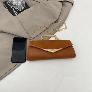 Brown litchi grain leather small square bag with gold metal handle and chain strap