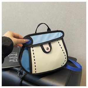 Nahaufnahme der 2D-Cartoon-Canvas-Tasche mit kräftigen Umrissen und bunten Kontrasten